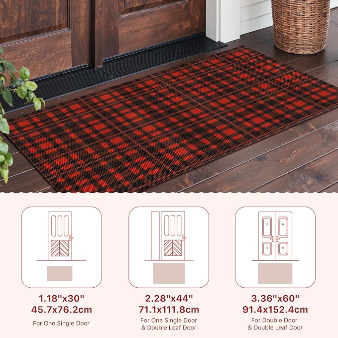 GENIMO Door Mat 18X30 Inch Buffalo Plaid Christmas Decor Rug Outdoor Geometric Checked Rugs, Washable Carpet for Front Porch, Kitchen, Farmhouse, Entryway Low Pile Doormat Black and Red