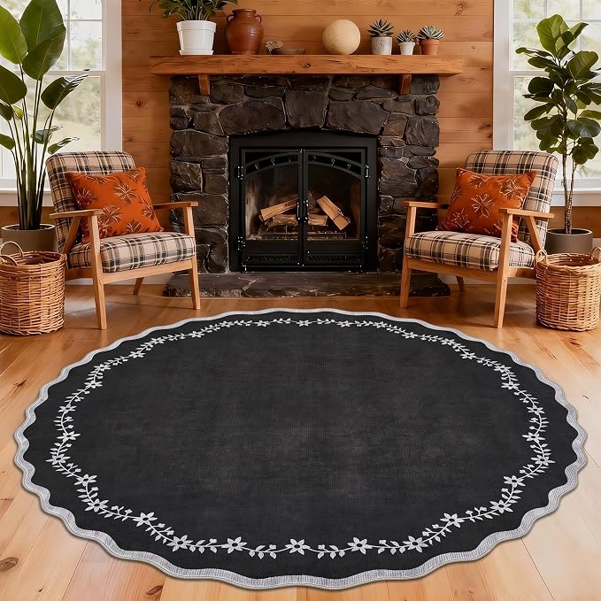 GarveeHome Large Round Rug 8ft Scalloped Washable Circle Living Room Rug | Soft Solid Black Non Slip Floral Print Floor Mat Carpet Indoor Thin Area Rug for Bedroom Dining Room Playroom Nursery