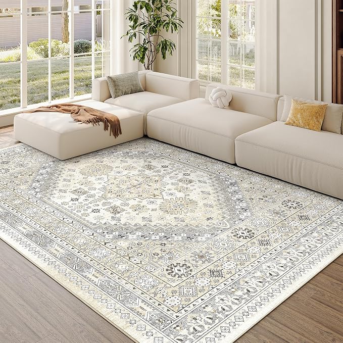 zesthome 6x9 Area Rug, Super Soft Washable Rugs for Living Room, Non-Slip Stain Resistant Vintage Rugs, Ultra-Thin Large Area Rugs (Beige,6'x9')