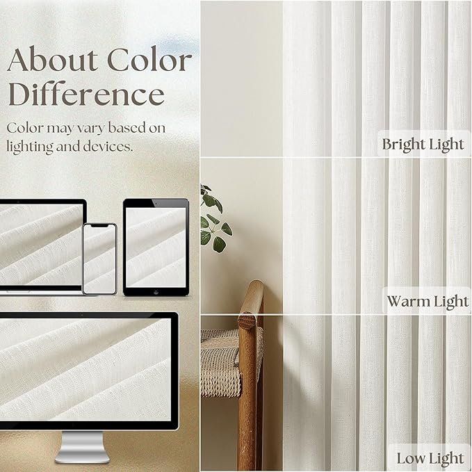 Ivory Linen Kitchen Curtains 36 Inch Length Pinch Pleated 2 Panels for Small Window Privacy Light Filtering Bathroom Window Drapes Neutral Semi Sheer Short Curtains for Front Door Laundry RV Camper