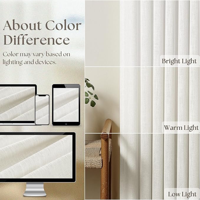 Beige White 70 Inch Wide Curtains 96 Inches Long for Living Room Light Filtering Semi Sheer Farmhouse Pleated Curtain with Hooks Rings for Patio Sliding Door Dining Room Large Window 1 Panel 70x96