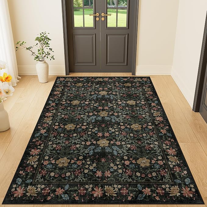 DUKINO 3x5 Rug, Washable Vintage Floral Bedroom Area Rug Non Slip, Black | Low Pile, Non-Shedding, Aesthetic Lightweight Soft Indoor Small Carpet for Bathroom Entryway Living Room Office Farmhouse