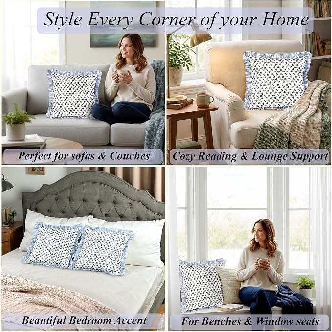 Ridhi Block Print Baby Blossoms Throw Pillow Cover 20" x 20" (Pack of 2) Decorative Cushion Covers with Ruffle for Couch, Sofa, Bed, Living Room, Home Decor Gift for Spring, Easter, Valentine