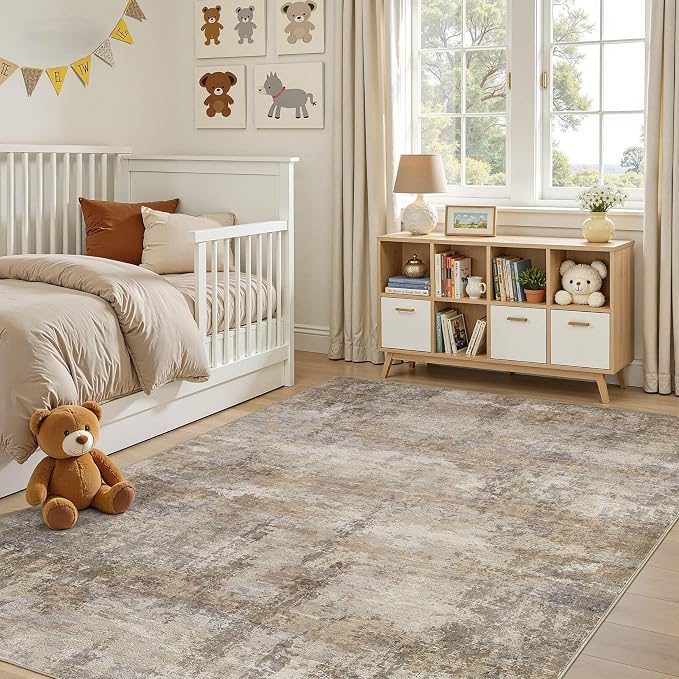 Area Rugs 5x7, Non Slip Low Pile Soft Washable Rug for Living Room | Modern Abstract Large Carpet, Stain Resistant and Kid & Pet Friendly, Made for Bedroom, Nursery, Dining Room - Dark Brown