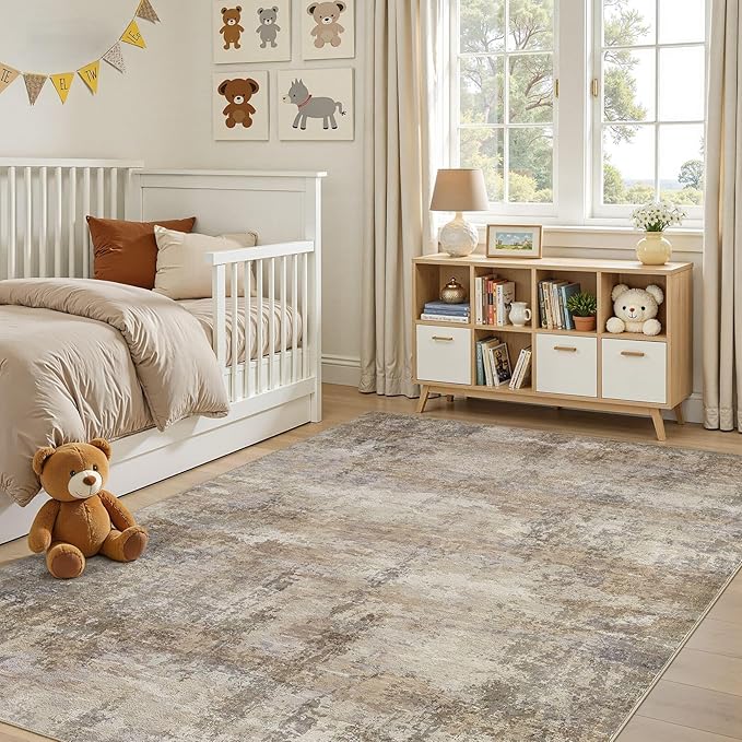 6x9 Area Rug, Non Slip Low Pile Washable Large Rug for Living Room | Soft Neutral Modern Abstract Carpet, Kid & Pet Friendly, Made for Dining Room, Nursery, Home Office Indoor - Dark Brown