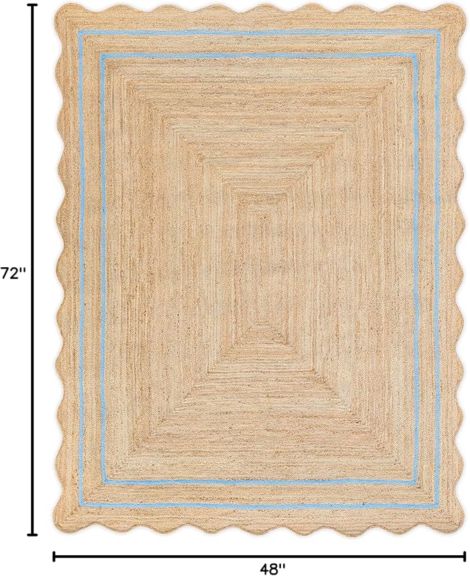 Wave Scalloped Natural Jute Runner, Sky Blue (4'x6'): Boho Jute Entryway Farmhouse Scallop Rug
