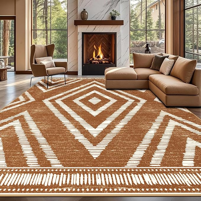 Boho Washable Area Rugs 9x12ft for Living Room, Large Soft Bedroom Rug Non Slip, Low Pile Brown Moroccan Floor Carpets for Dining Room Nursery Playroom Home Office