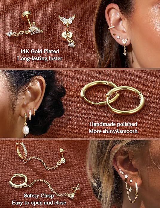 LOLIAS Hypoallergenic Flat Back Earrings Set for Women-Surgical Stainless Steel Earrings for Sensitive Ears-14K Gold Plated Chain Cartilage Earring Stacks Flatback Stud Hoop Earring Sets for Multiple Piercing Jewelry