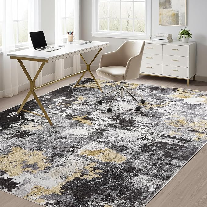 Abstract 9x12 Area Rug: Machine Washable Non Slip Ultra Thin Low-Pile Carpet, Soft Stain Resistant for Living Dining Room Bedroom, Kid Pet Friendly, Robot Vacuum Compatible - Black Gold