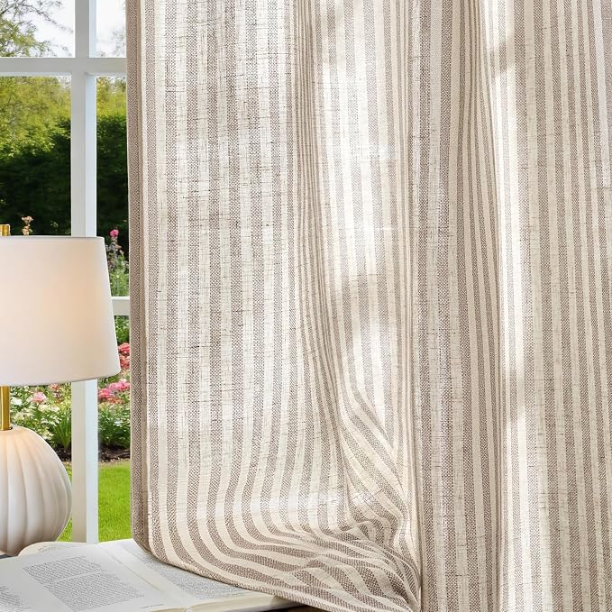 Vangao Linen Striped Curtains for Living Room Bedroom Farmhouse Tickingstripe Light Filtering Window Curtains Printed Drapes Grommet Top 2 Panels Taupe Grey W50 x L84 Inch