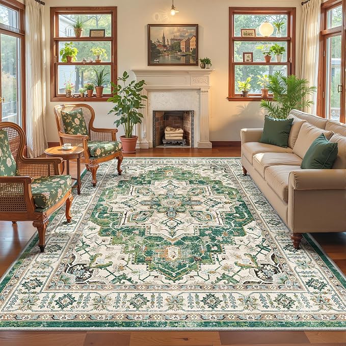 zesthome WashableRug 5x7 Area Rugs,Stain Resistant Rugs for Living Room,Bedroom,Non-Slip Backing Home Decor Rug, Vintage Medallion Pattern Rugs (Green,5'x7')