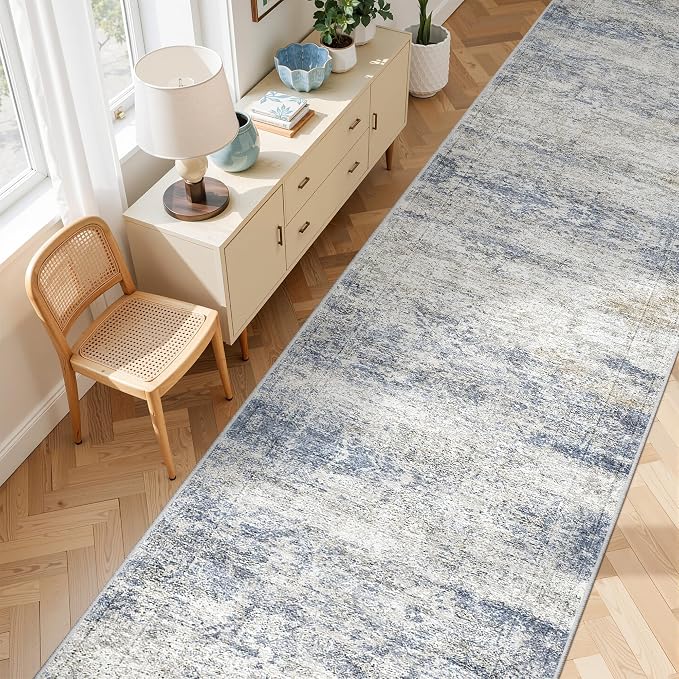 3x14 Runner Rug Non Slip,Washable Hallway Runner Rug,Blue | 14 ft Runner Rug for Hallway,Entryway,Bedroom,Living Room,Thin,Soft, Extra Long Rug,Stain Resistant Indoor Carpet