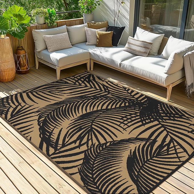 GENIMO Outdoor Rug, Waterproof Plastic Rugs for Patio, 6'x9' Ebony Brown | Outside Larger Leaf Carpet Mat for Porch Decor, Deck, Balcony, Camping, RV, Backyard, Picnic, Beach, Reversible, Foldable