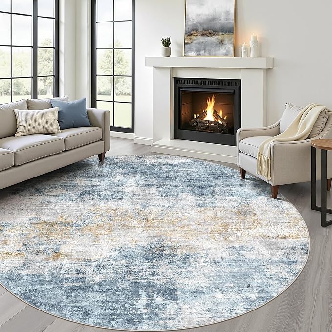6ft Round Rug Living Room: 6x6 Washable Large Neutral Circle Area Rug Abstract Soft Modern Stain Resistant Indoor Floor Non-Slip Carpet for Bedroom Nursery Kids Office Playroom Dining Room- Blue Gold