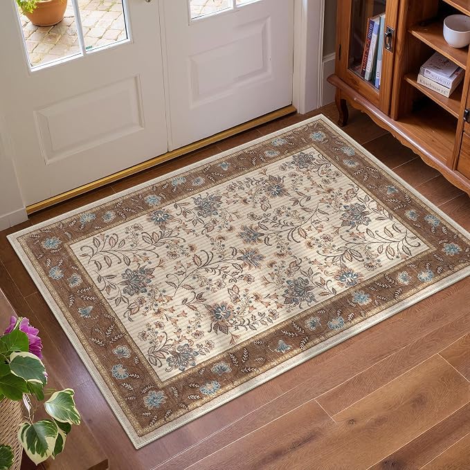 GarveeHome Small Entryway Rug, 2x3 Washable Front Door Rug Indoor Entrance French Floral Carpet Non-Slip Low Pile Beige Throw Rugs for Kitchen, Powder Room, Entry, Bathroom, Kids Room