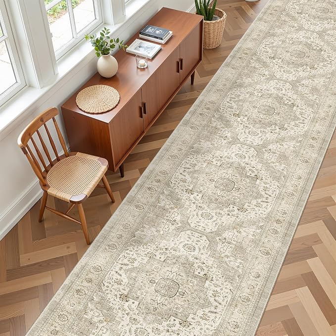 Roxstand 2.6x12 Hallway Runner Rug, Washable Non Slip Rugs, Ivory/Beige | Low Pile Rug with Stain Resistant Surface, Vintage Long Runner Rugs for Entryway, Living Room, Bedroom, Kitchen, Laundry