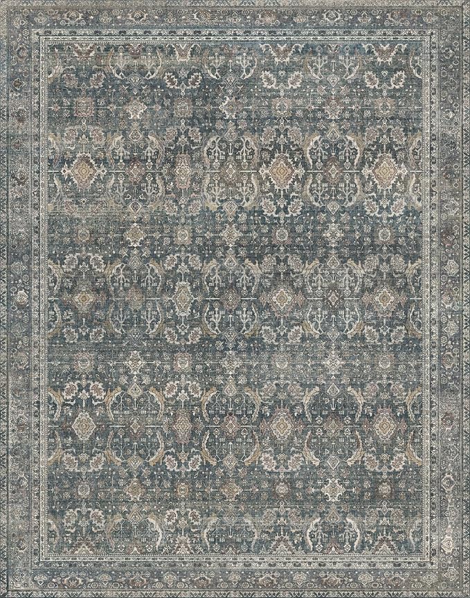 BESBLEE 9X12 Area Rugs Machine Washable Rugs for Living Room, Vintage Boho Large Rugs for Bedroom Dining Room, Non Slip Indoor Soft Distressed Lightweight Thin Low Pile Carpet, Deep