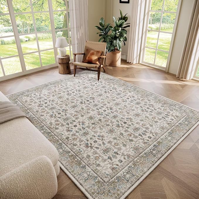 Boho Washable 6x9 Area Rugs for Living Room, Cushioned, Cream/Blue | Vintage Non-slip Neutral Oriental Rugs for Bedroom Dining Room Nursery Office High Traffic Area