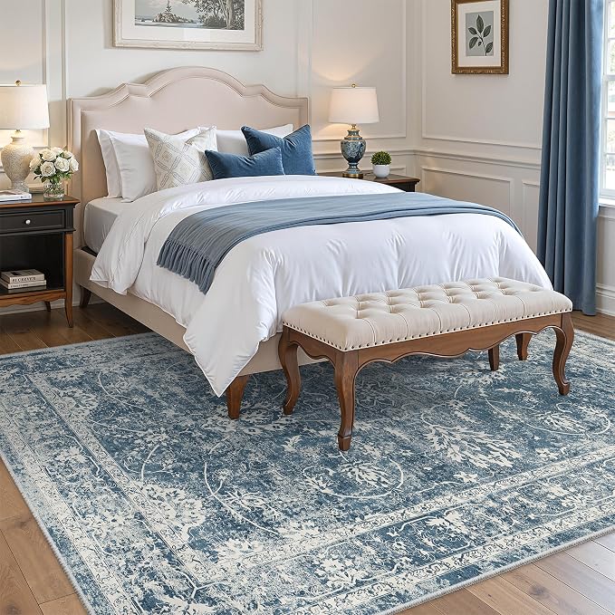Madane 8x10 Area Rugs for Living Room, Machine Washable Vintage Rug with Non-Slip Backing, Soft Floral Print Large Throw Rugs, Thin Carpet for Bedroom Dining Room Farmhouse (8 x 10, Blue)