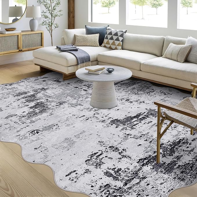 ROYHOME 9x12 Scalloped Modern Abstract Rug Faux Wool Accent Ultra Soft Machine Washable Rug Non Slip Non Shedding for Bedroom Dining Room Office Home, Grey