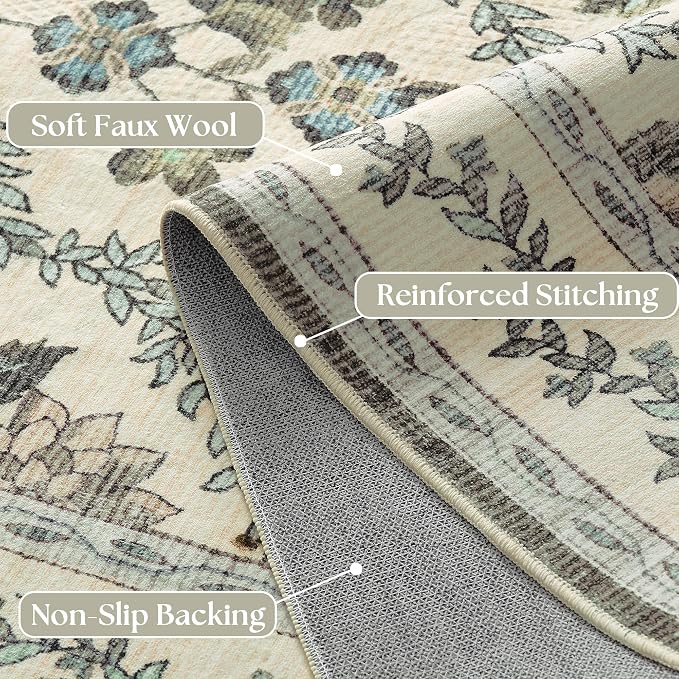 Olive Green Area Rugs Washable Rug for Living Room Big Bedroom Faux Wool Soft No Slip Floral Emerald Hunter Green and Beige Boho Vintage Extra Large Carpet for Dining Room Under Table 10x12
