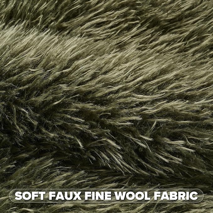 FUTEI Pack of 2 Shaggy Mongolian Faux Wool Throw Pillow Covers 18x18 Inch Soft Fluffy Farmhouse Decorative Cushion Case for Couch Bed Living Room, Olive Green