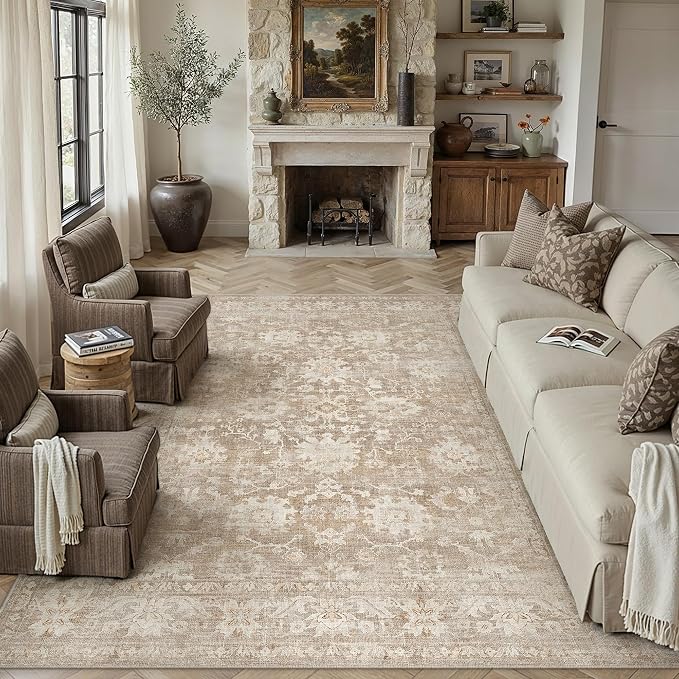 HUGEAR 8x10 Area Rug Beige Machine Washable Rug Room Decor Vintage Distressed Living Room Rugs Non Slip Low Pile Soft Carpet for Bedroom Dining Room Office Soft Lightweight