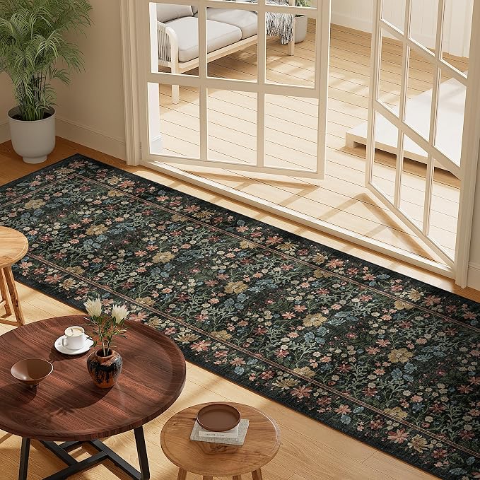DUKINO 2x8 Runner Rug, Washable Vintage Floral Kitchen Rug, Black | Non Slip, Low Pile, Non-Shedding, Stain Resistant Aesthetic Soft Carpet Runner for Hallway Bathroom Laundry Bedroom Entryway