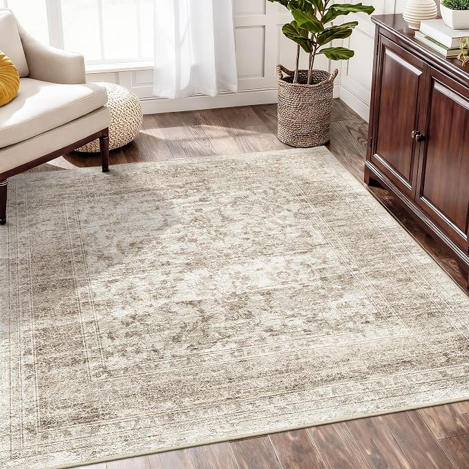 RUUGME Square Area Rugs 5x5 - Vintage Washable Rugs for Small Living Room Non Slip Rugs for Bedroom/Dining Room/Office/Nursery Stain Resistant&Easy Clean Home Decor Mat 5x5 Beige Brown