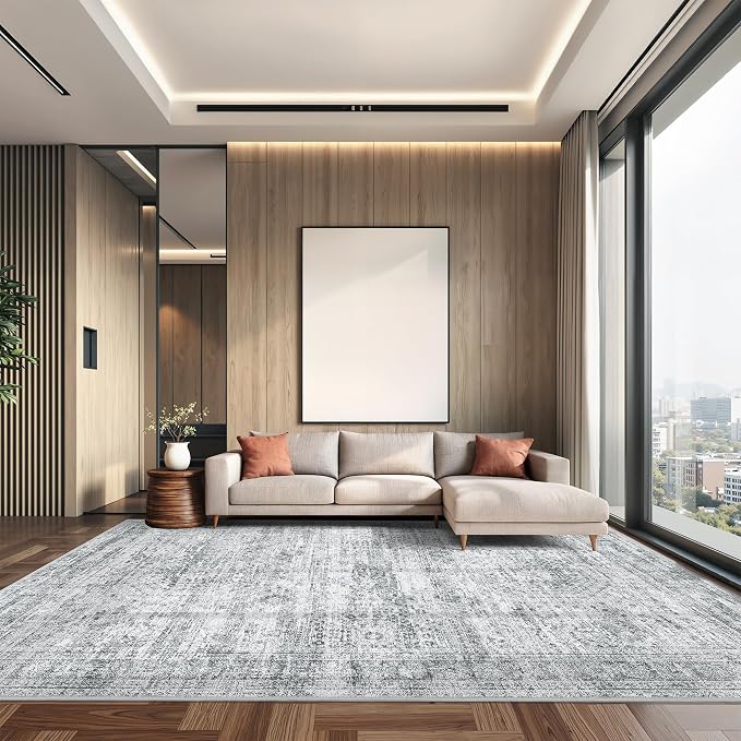 8x10 Area Rugs for Living Room,Large Washable Rug,Grey | Rugs for Bedroom,Dining Room,Office,Low Pile,Soft, Neutral Rug,Stain Resistant Indoor Carpet,Non Slip,Home Decor