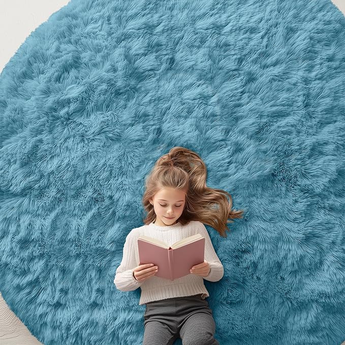OLANLY Slate Blue Round Rugs for Bedroom - Machine Washable, 5 ft Circle Area Rugs for Living Room, Soft and Fluffy Shaggy Carpet for Teen Girl and Boys, Nursery Rooms, Dorms, Home Decor Aesthetic