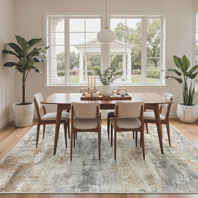 GENIMO Abstract Area Rug 8x10, Washable Large Modern Rug Non Slip, Low Pile Lightweight Soft Carpet for Living Room, Bedroom, Dining Room, Silver Tan