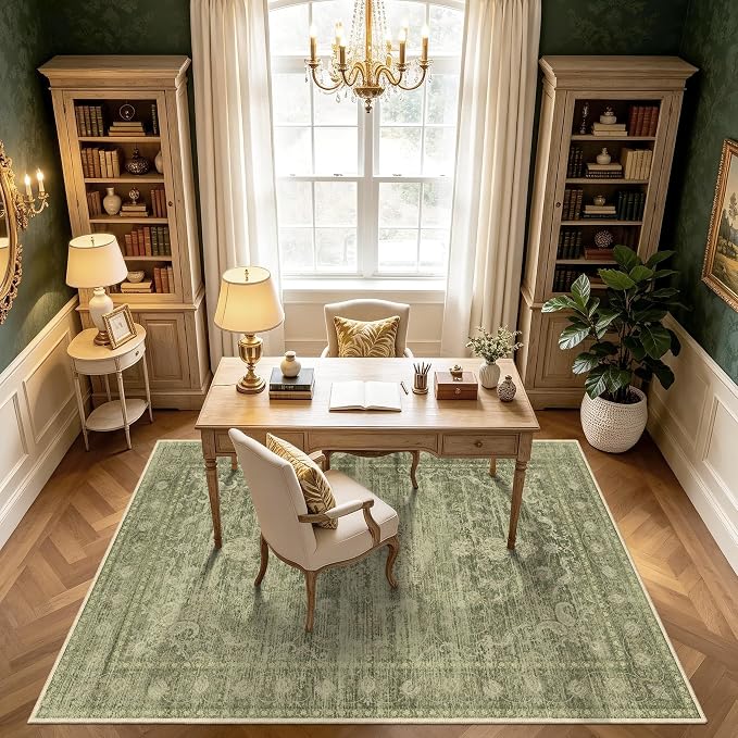 Washable Rugs 5x7, Vintage Medallion Carpet for Living Room, Sage Green | TTelephant Area Rug for Bedroom and Dining Room, Low Pile Rug with Non-Slip Silicone Backing, Non-Shedding Stain Resistant