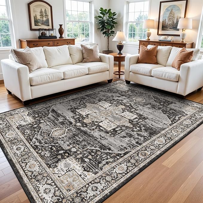 RUUGME Washable 7x8 Area Rug - Non Slip Ultra Thin Soft Living Room Rugs Vintage Distressed Stain Resistant Home Decor Mat for Bedroom,Dining Room,Nursery 7x8 Black