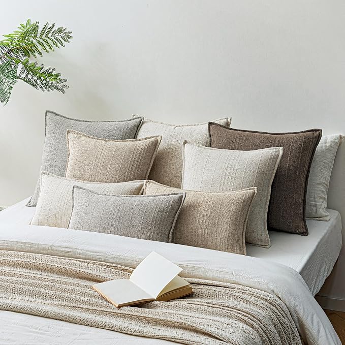 a moment Linen Pillow Covers Set of 2,Boho Farmhouse Throw Pillowcases Neutral Textured Decorative Covers for Couch Sofa,Soft Linen Blend Accent Case Cushion Home Decor 26"x26"Coco Brown