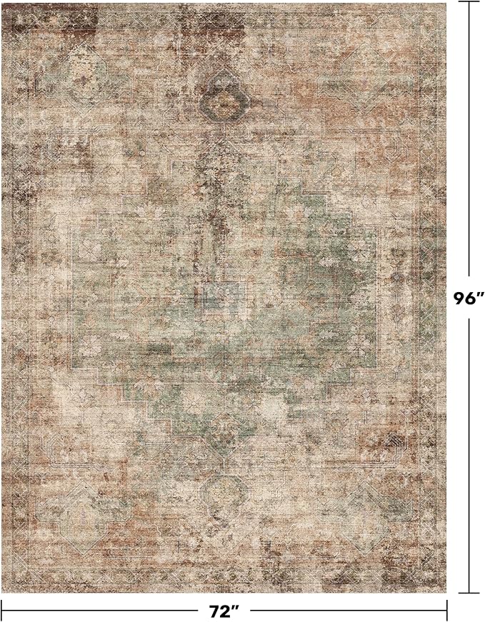 Vintage Green and Brown 6x8 Living Room Rug - Modern Abstract Rug for Dining Room Under Table, Bedroom, Foldable High Traffic Area Carpet, Washable Non Slip Soft Rust Taupe Faded Print Mat