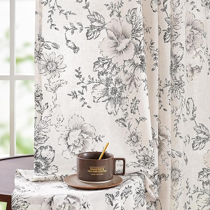 jinchan Black Floral Linen Curtains 84 Inch Farmhouse Back Tab 2 Panels | Light filtering drapes, semi sheer, farmhouse, cottagecore, rustic, living room, bedroom, rod pocket, window treatment