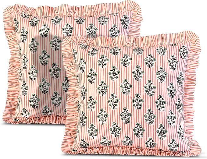 Ridhi Block Print Salmon Blossom Throw Pillow Cover 24" x 24" (Pack of 2) Decorative Cushion Covers with Ruffle for Couch, Sofa, Bed, Living Room, Home Decor Gift for Spring, Easter, Valentine