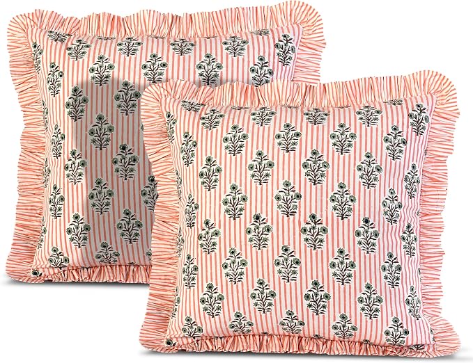 Ridhi Block Print Salmon Blossom Throw Pillow Cover 20" x 20" (Pack of 2) Decorative Cushion Covers with Ruffle for Couch, Sofa, Bed, Living Room, Home Decor Gift for Spring, Easter, Valentine