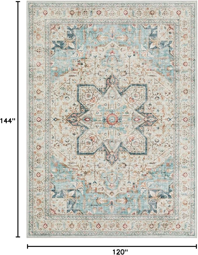 Tortania Area Rug Living Room Rugs - 10x12 Washable Boho Rug Vintage Oriental Distressed Farmhouse Large Thin Indoor Carpet for Living Room Bedroom Under Dining Table Home Office - Aqua Multi