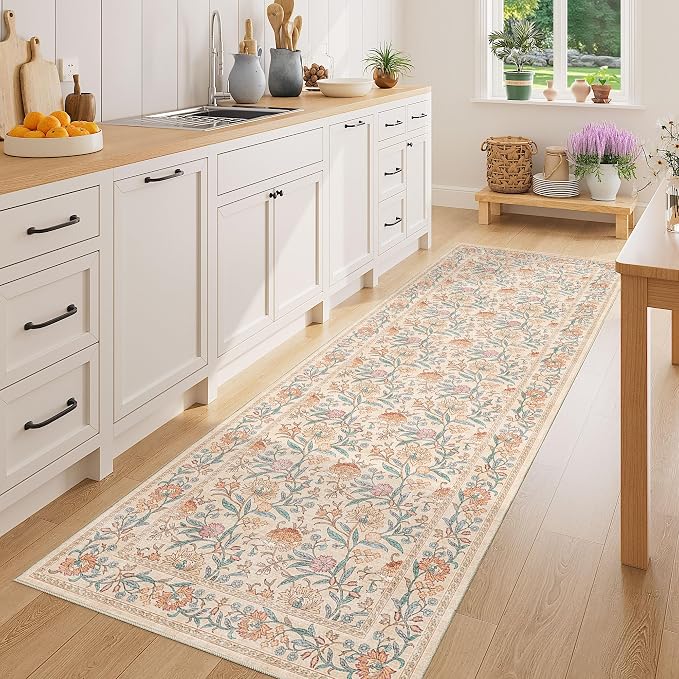 DUKINO 2.6x8 Runner Rug, Washable Vintage Floral Kitchen Runners Rug, Beige | Non Slip, Low Pile, Non-Shedding Soft Carpet for Hallway Bathroom Laundry Entryway Bedroom Farmhouse, Kids and Pets Friendly