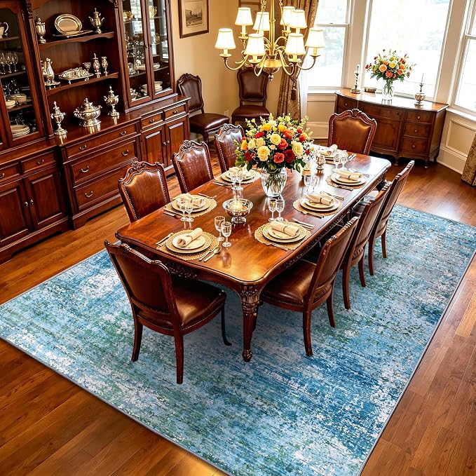9x12 Area Rugs Living Room Rug Abstract Washable Rug Non-Slip Soft Low Pile Indoor Floor Stain Resistant Thin Carpet for Bedroom Dining Room Home Office Farmhouse Nursery - Dusty Blue & Cream 9' x 12'