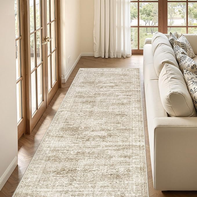 3x8 Runner Rug Non Slip,Washable Hallway Runner Rug,Brown | Neutral Rugs for Kitchen,Entryway,Bedroom,Bathroom,Nursery Room,Thin,Soft Runner Rug,Stain Resistant Indoor Carpet