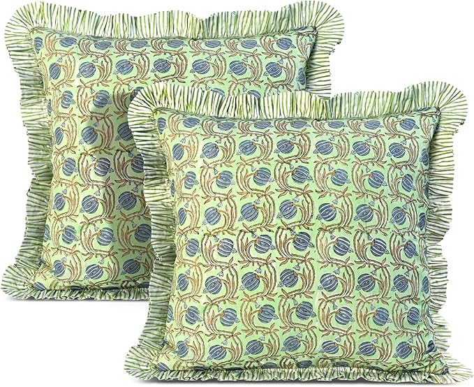 Ridhi Block Print Apple Green Floral Throw Pillow Cover 24" x 24" (Pack of 2) Decorative Cushion Covers with Ruffle for Couch, Sofa, Bed, Living Room, Home Decor Gift for Spring, Easter, Valentine