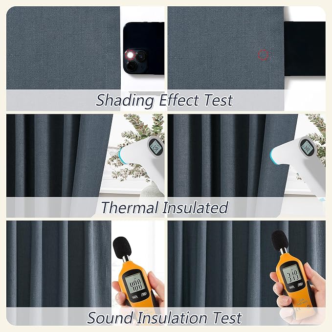 Guken 100% Blackout Linen Curtains 102 Inch Length 2 Panels Set for Living Room Bedroom Back Tab Thermal Insulated Black Out Drapes Room Darkening Window Curtains,Vintage Blue