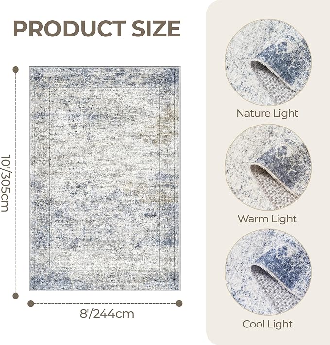 8x10 Area Rugs for Living Room,Large Washable Rug,Blue | Rugs for Bedroom,Dining Room,Office,Low Pile,Soft, Neutral Rug,Stain Resistant Indoor Carpet,Non Slip,Home Decor