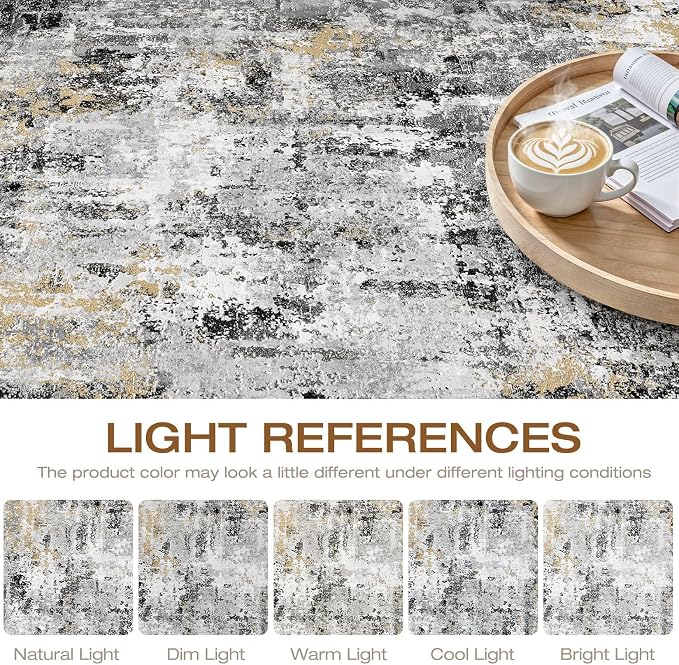 5x8 Area Rug Living Room: Washable Large Abstract Neutral Modern Soft Rug Stain Resistant Indoor Floor Non-Slip Accent Carpet for Bedroom Nursery Playroom Dining Room Office Dorm Home- Black Gold