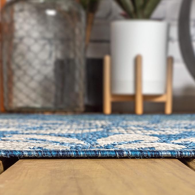 JONATHAN Y Floral Textured Weave Indoor Outdoor Runner Rug 2X20 Navy/Aqua, Zinnia Modern for Backyard, Patio, Porch, Easy-Cleaning, High Traffic, Pet-Friendly, Non-Shedding (SMB110C-220)