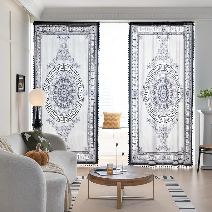 Black Medallion Curtains 54 Inches Long, Boho Farmhouse Light Filtering Rod Pocket Drapes with Tassel Trim for Bedroom Living Room, 2 Panels