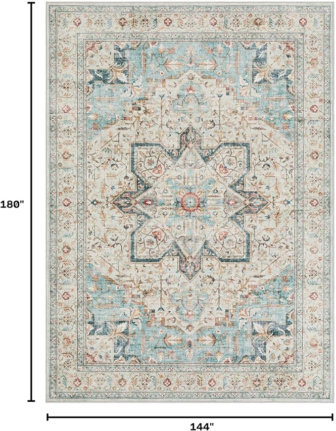 Tortania Area Rug Living Room Rugs - 12x15 Washable Boho Rug Vintage Oriental Distressed Farmhouse Large Thin Indoor Carpet for Living Room Bedroom Under Dining Table Home Office - Aqua Multi